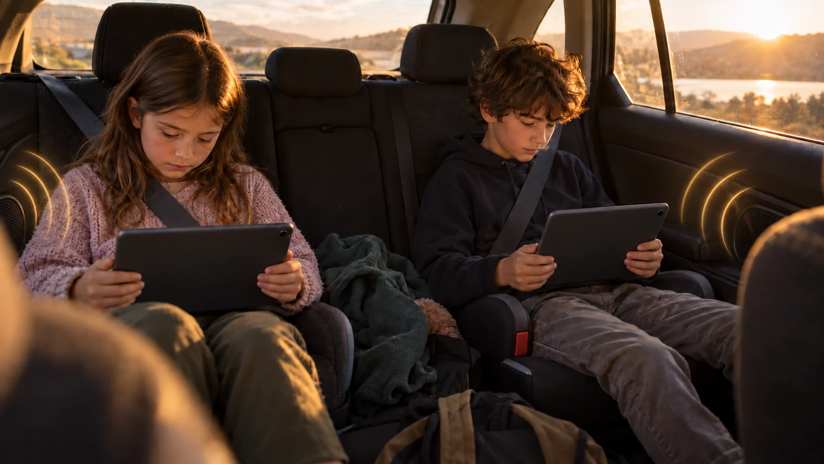 Passengers watching tablets with sound-wave graphics from the car speakers