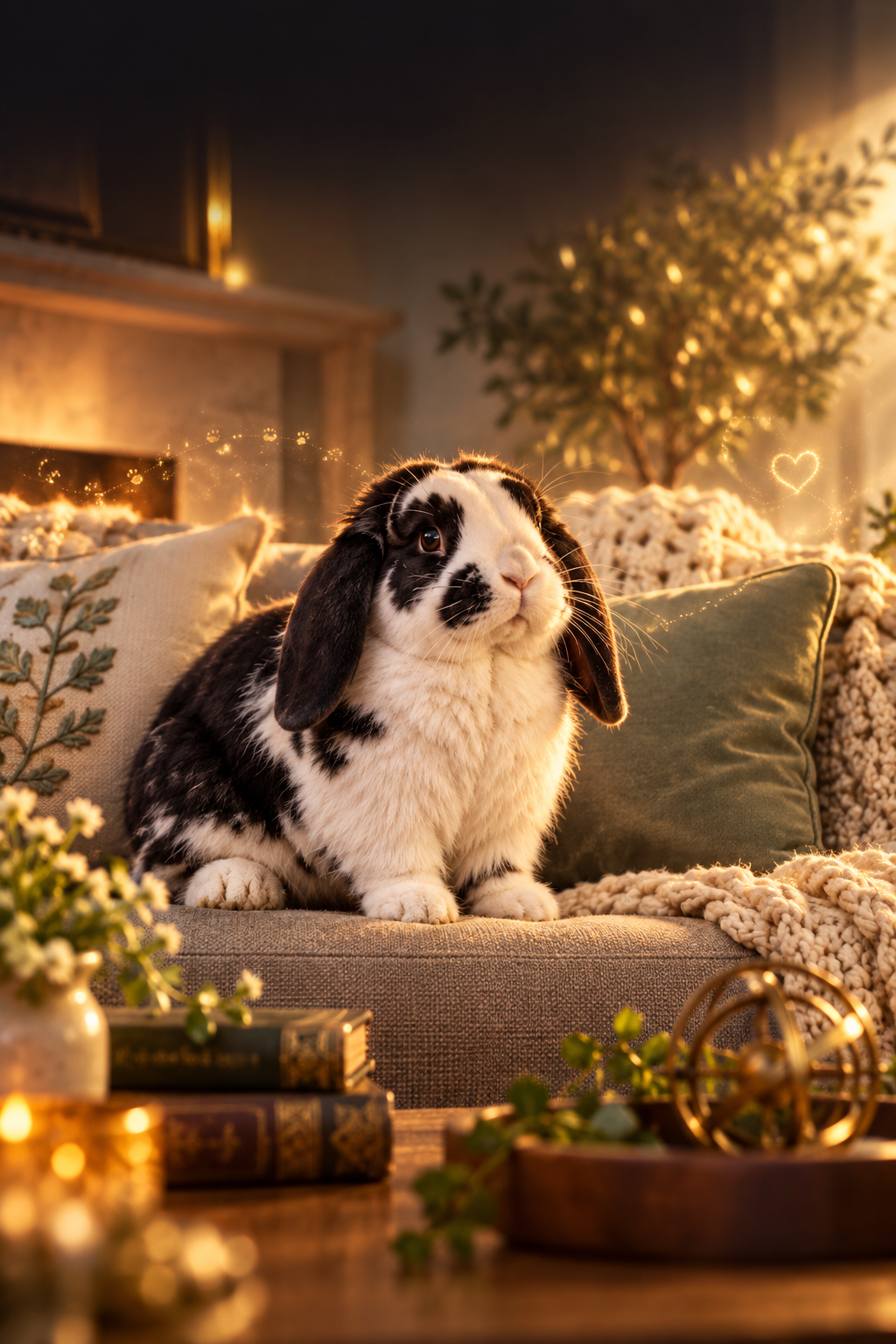 Beebo, a black-and-white lop rabbit, in a warmly lit living room