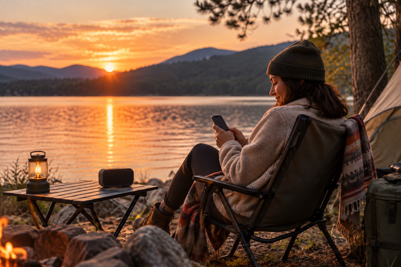 Photorealistic generated scene of a lone camper at sunset looking at her own phone beside a lake, with a small portable speaker on the table