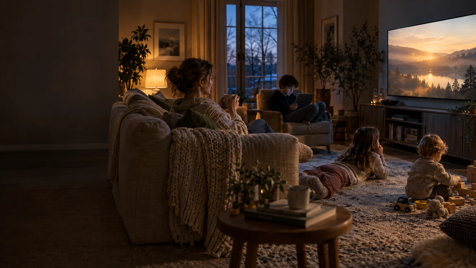 A family enjoying a quiet movie evening at home