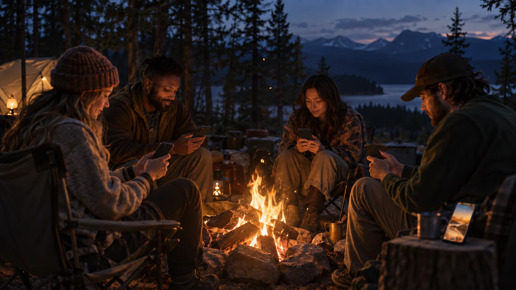 Friends sitting around a campfire, each looking at a phone