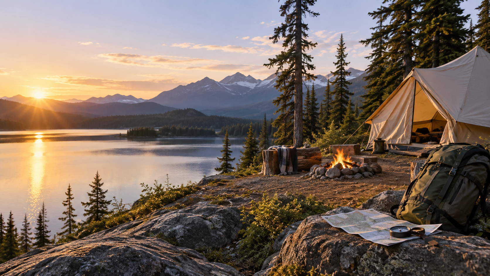 A sunrise campsite beside a lake, with a hiking trail, map and quiet night-sky details.