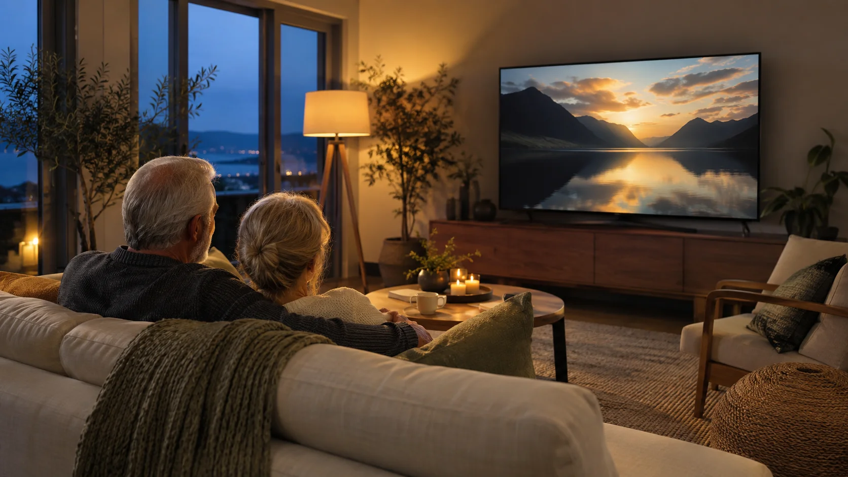 A couple watching television together at home