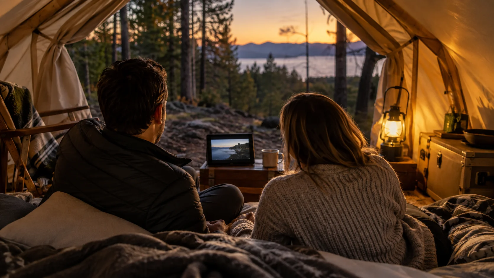 Two campers sharing a tablet inside a lantern-lit tent