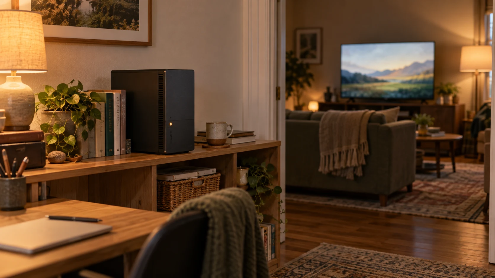 A quiet home computer on a shelf