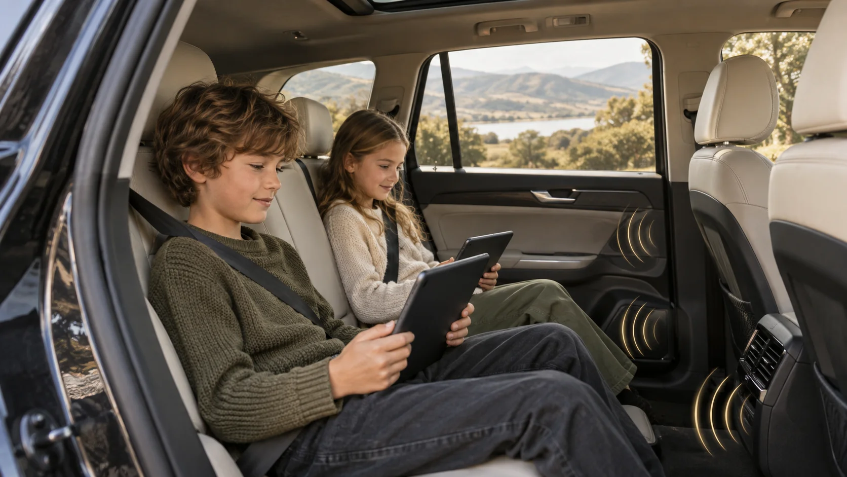 Two children watching tablets facing toward them, safely belted in the back seat