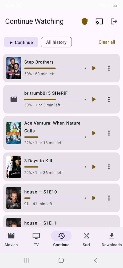Continue Watching list on a phone