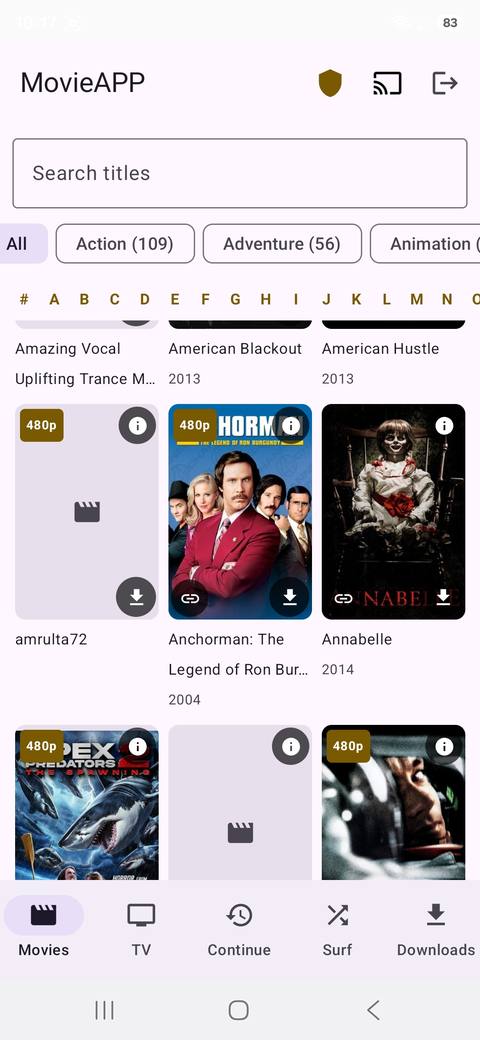 BeeboTV library grid of movie posters on a phone