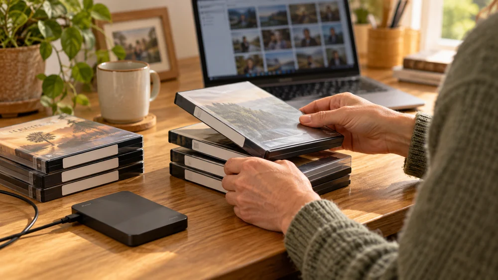 Hands organising a personal video collection beside a portable drive
