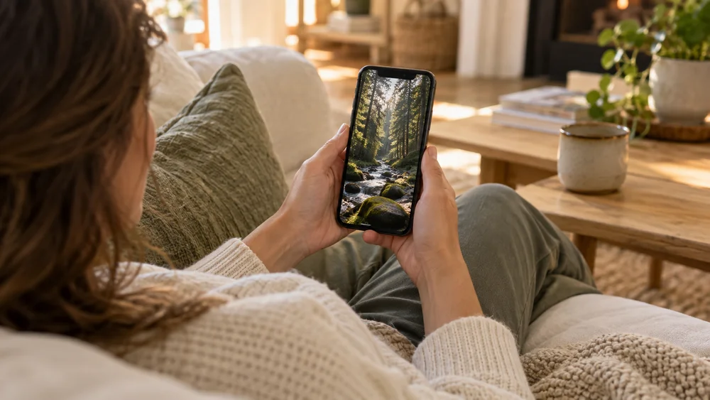 A viewer holding a phone with its screen facing them